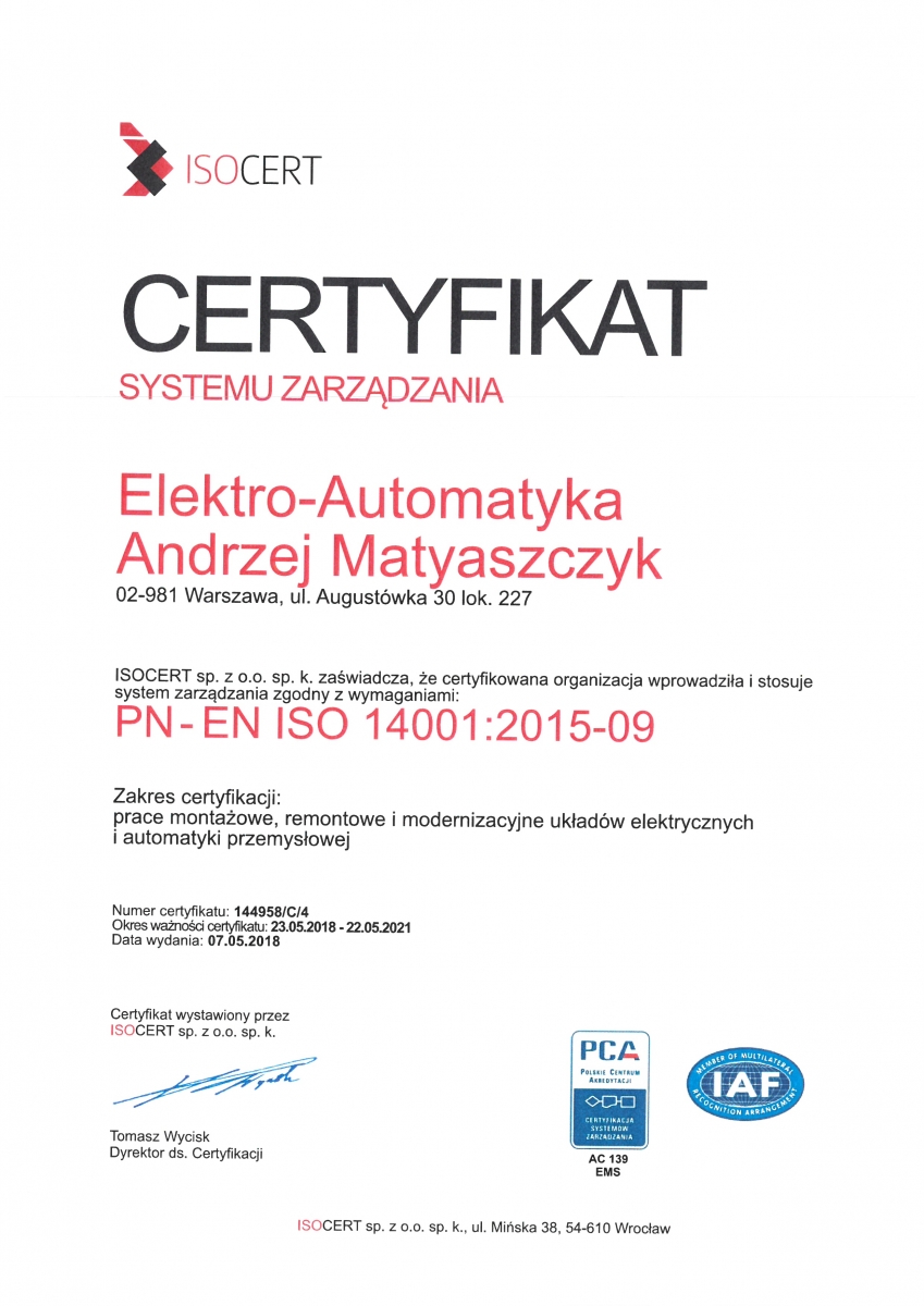 certyfikat Elektro-Automatyka Andrzej Matyaszczyk