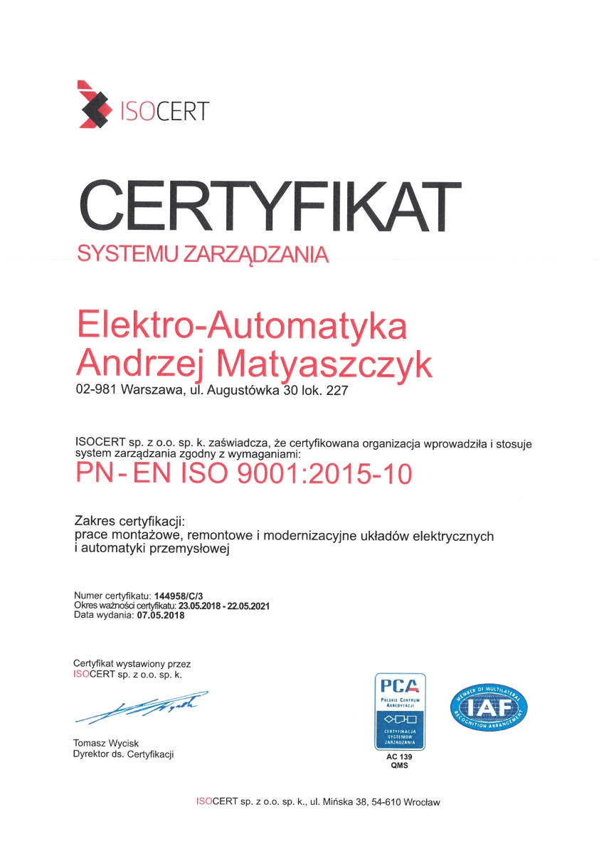 certyfikat Elektro-Automatyka Andrzej Matyaszczyk