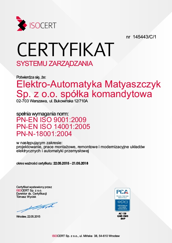 certyfikat Elektro Automatyka Sp. z o.o. Sp.K